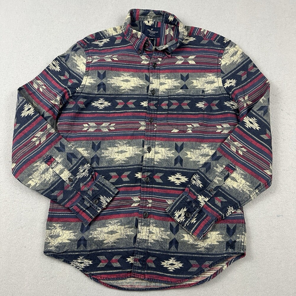 American Eagle Shirt Men Medium Blue Aztec Classic Long Sleeve Button Up Pocket
